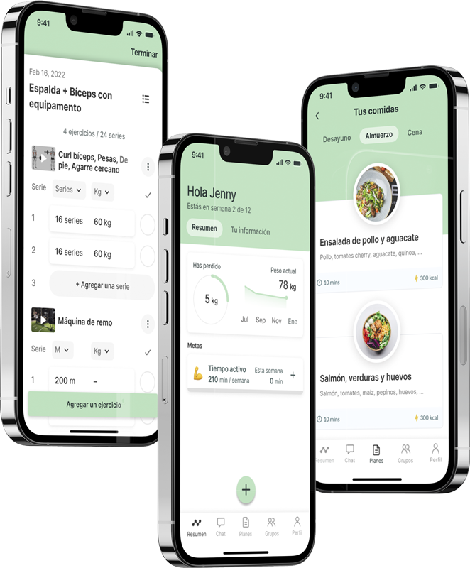 Un mockup de la app de coaching mostrando las funciones.